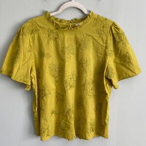 Loft Women’s Green Floral Embroidered Short Sleeve Shirt Blouse Size XL